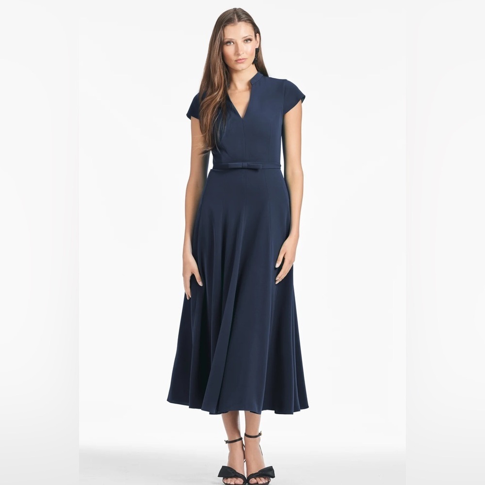 new Sachin and Babi Marian cap sleeve belted midi dress in Midnight navy blue